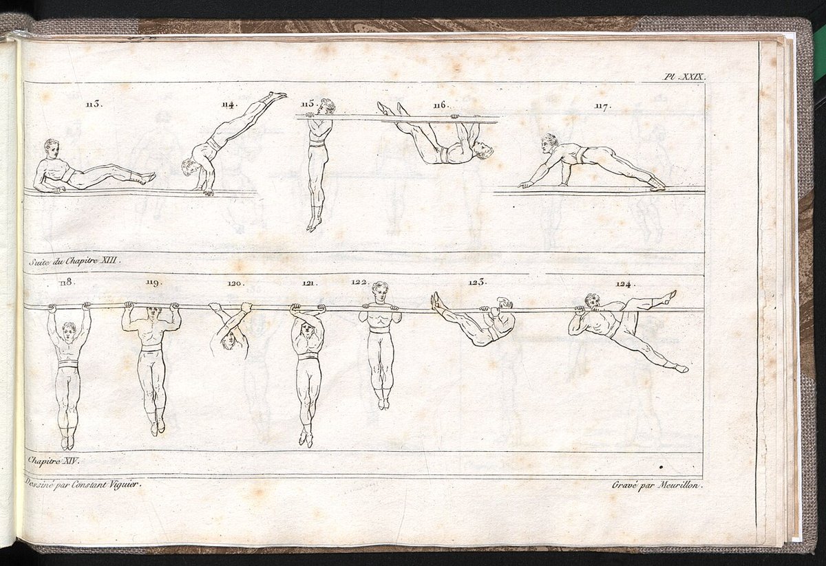 Planche gravée du manuel de gymnastique du colonel Amoros montrant des exercices de suspension à la barre