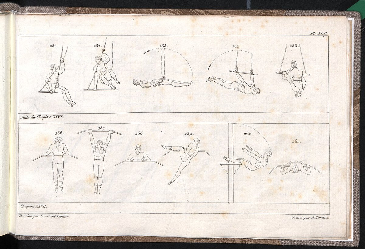 Planche gravée du manuel du colonel Amoros montrant des exercices d'équilibre et de saut