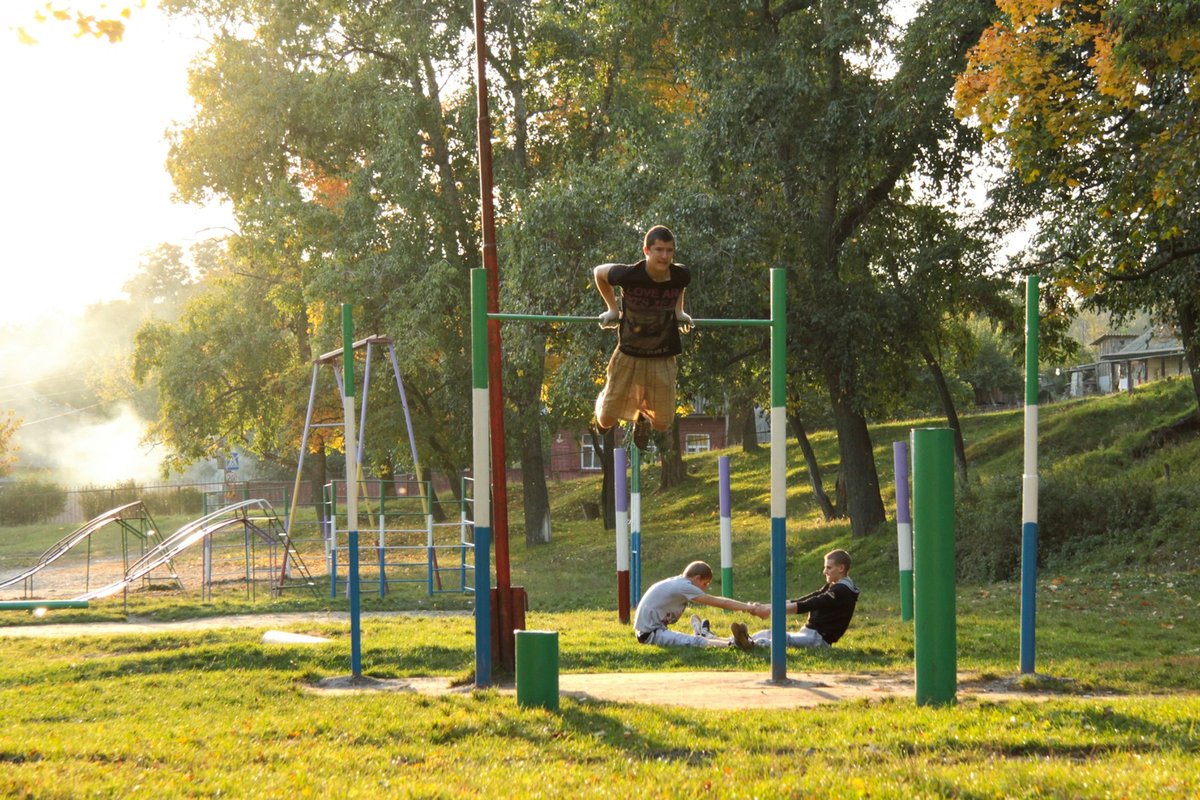 Aire de barres de street workout dans un parc, quelques sportifs au loin
